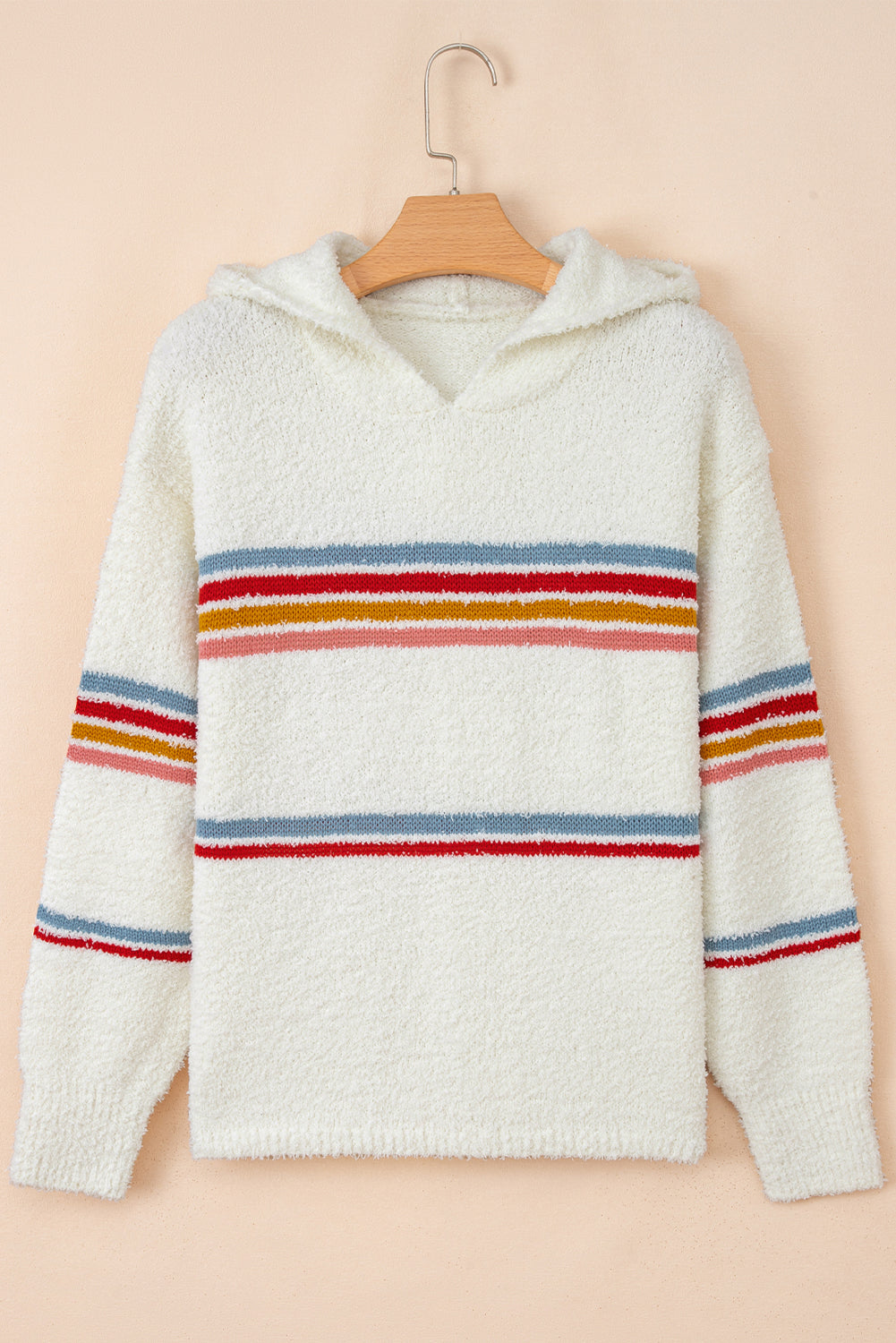 White Multicolored Striped Accent Hooded Popcorn Sweater