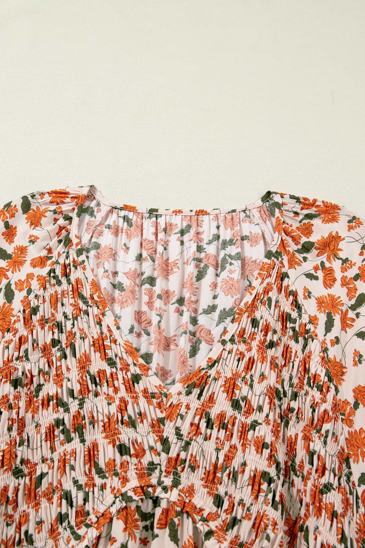 Beige Plus Size Floral Print V Neck Long Sleeve Babydoll Short Dress