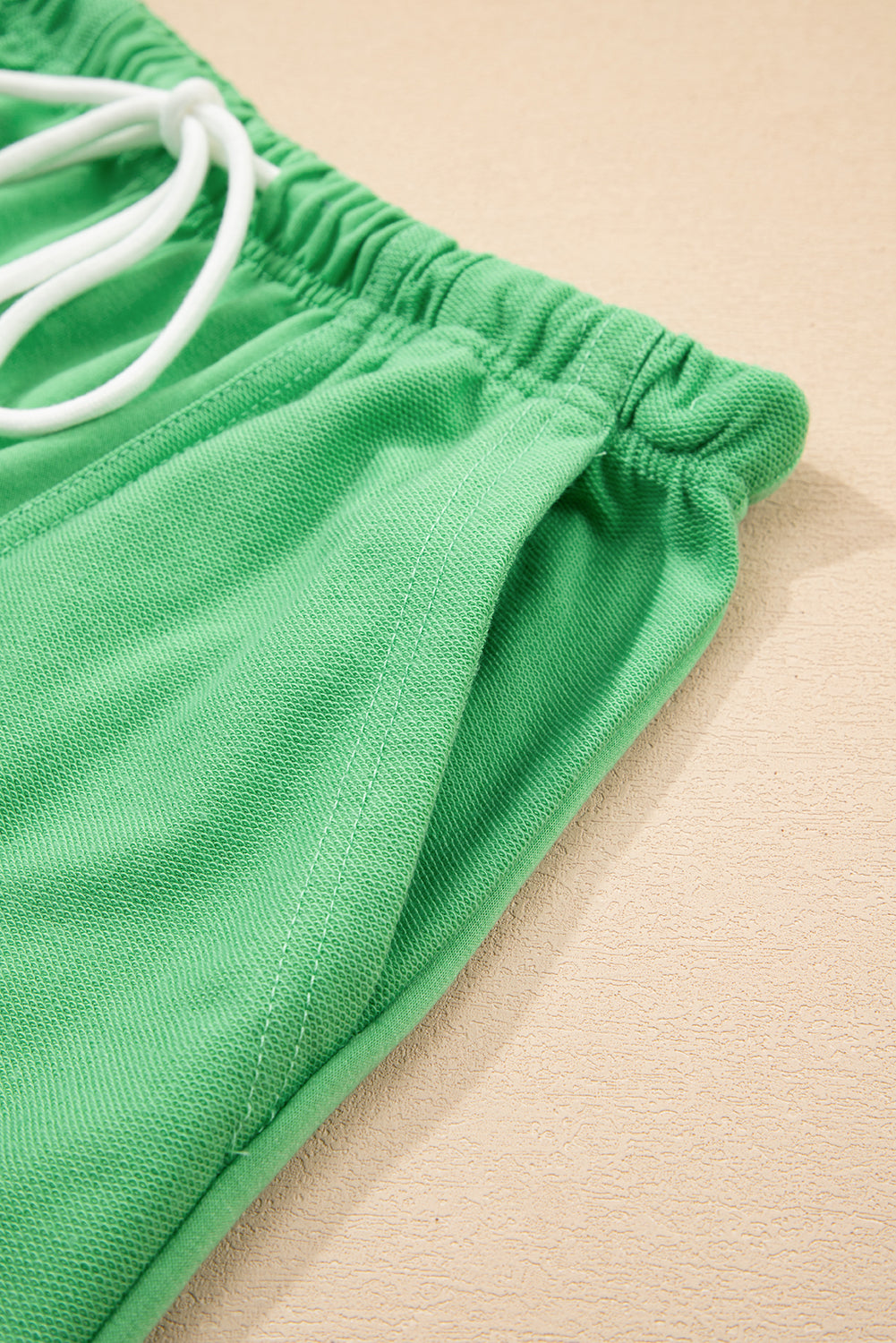 Mint Green V Neck Drop Shoulder Tee and Patchwork Drawstring Shorts Set