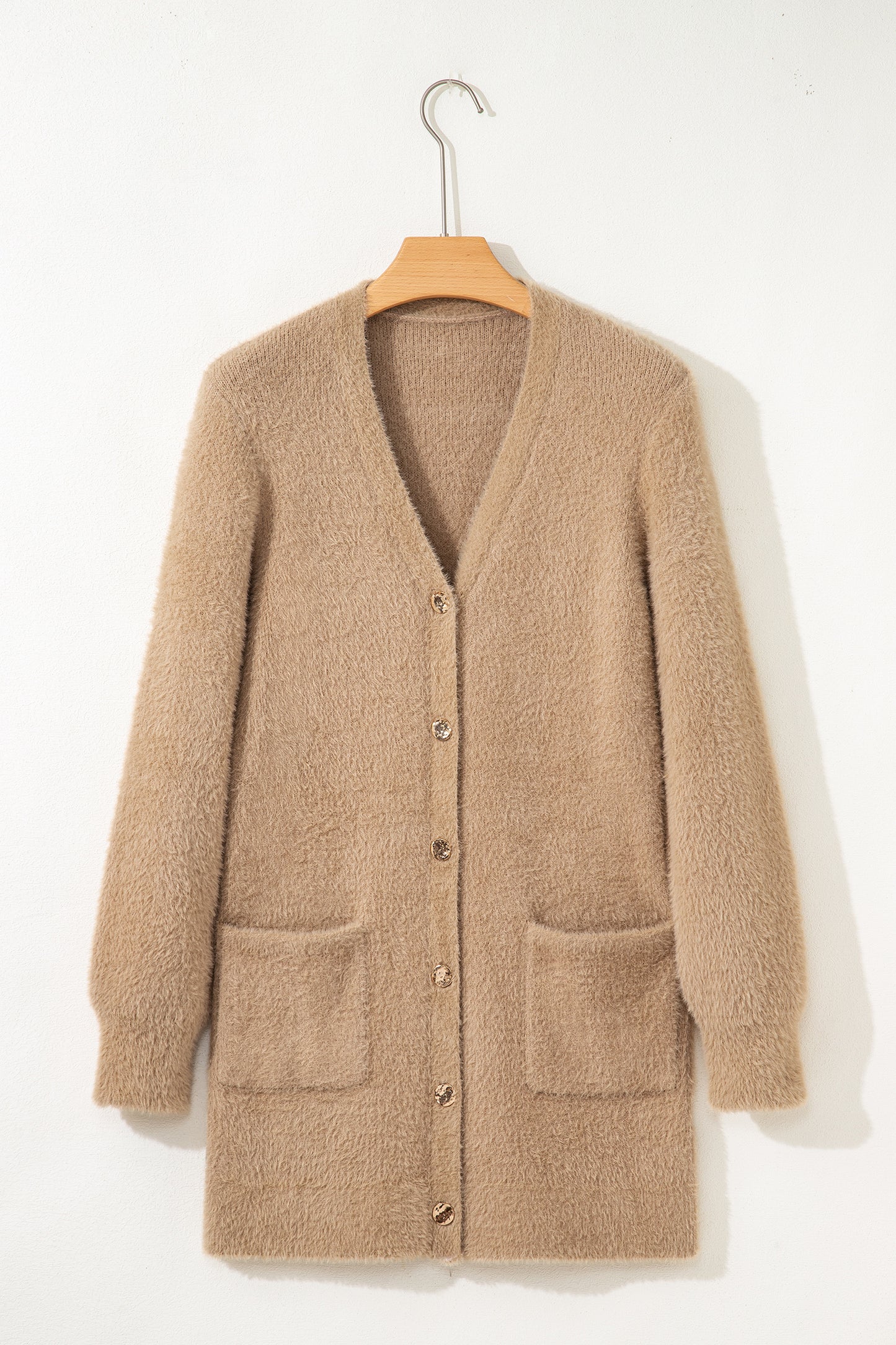 White Fuzzy Buttoned Front Midi Solid Cardigan
