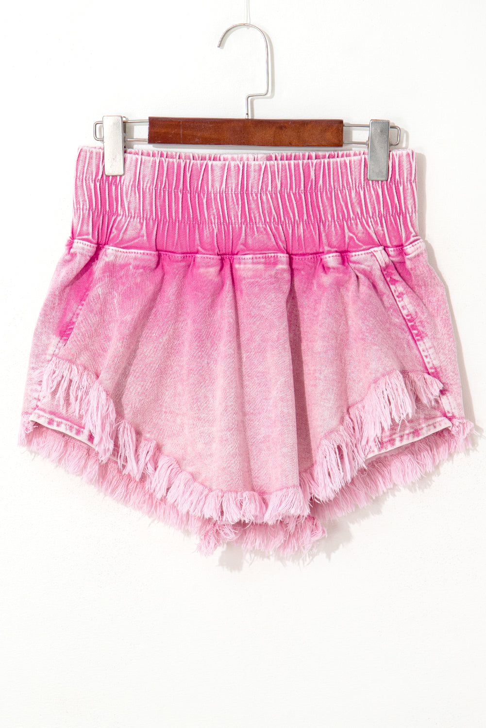 Pink Washed Wide Smocked Waistband Frayed Denim Shorts