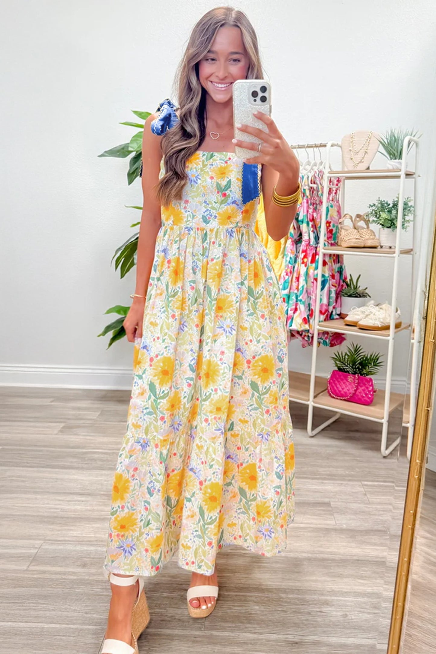 Red Floral Print Contrast Stitched Knot Denim Straps High Waist Dress