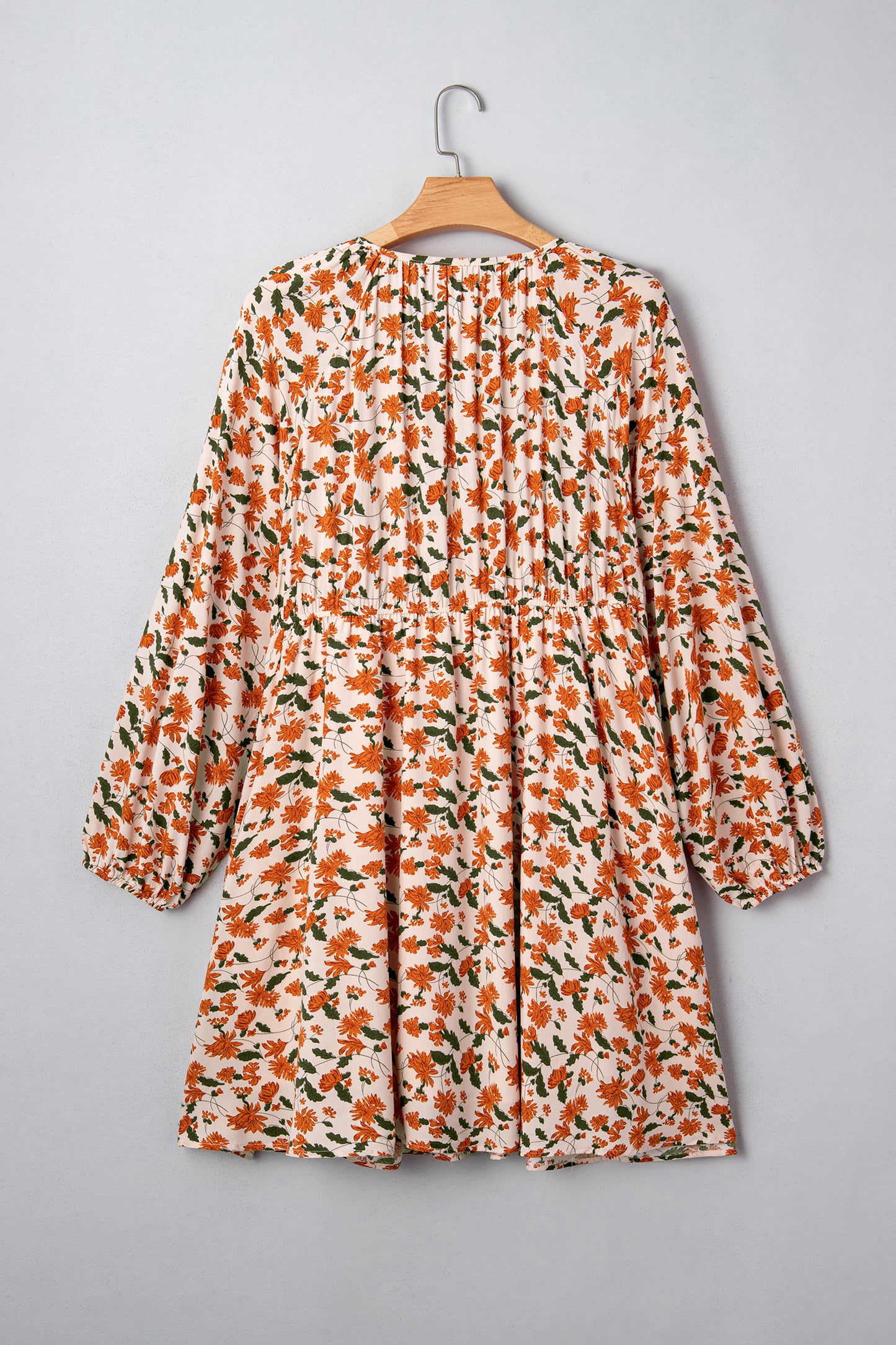 Beige Plus Size Floral Print V Neck Long Sleeve Babydoll Short Dress