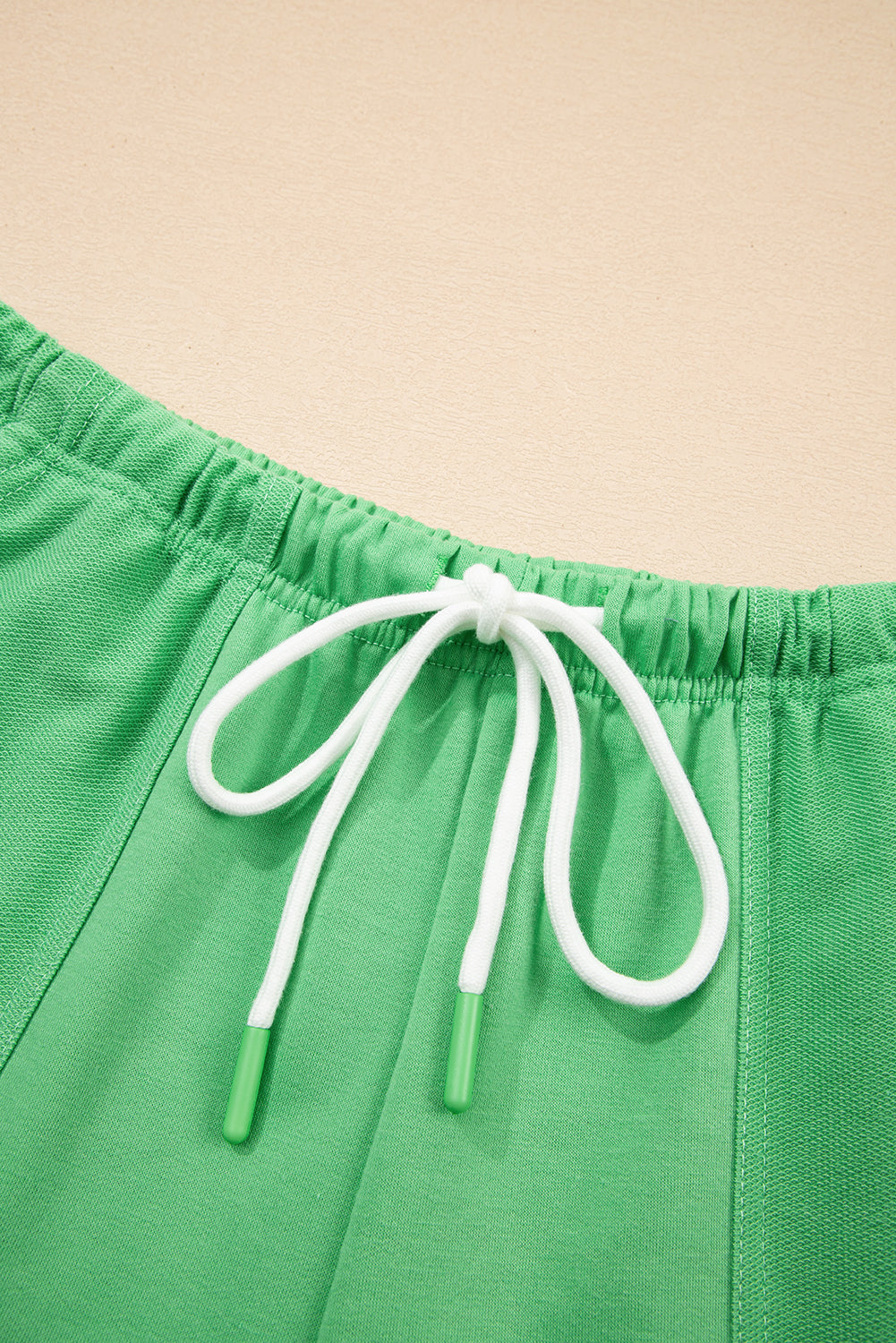 Mint Green V Neck Drop Shoulder Tee and Patchwork Drawstring Shorts Set