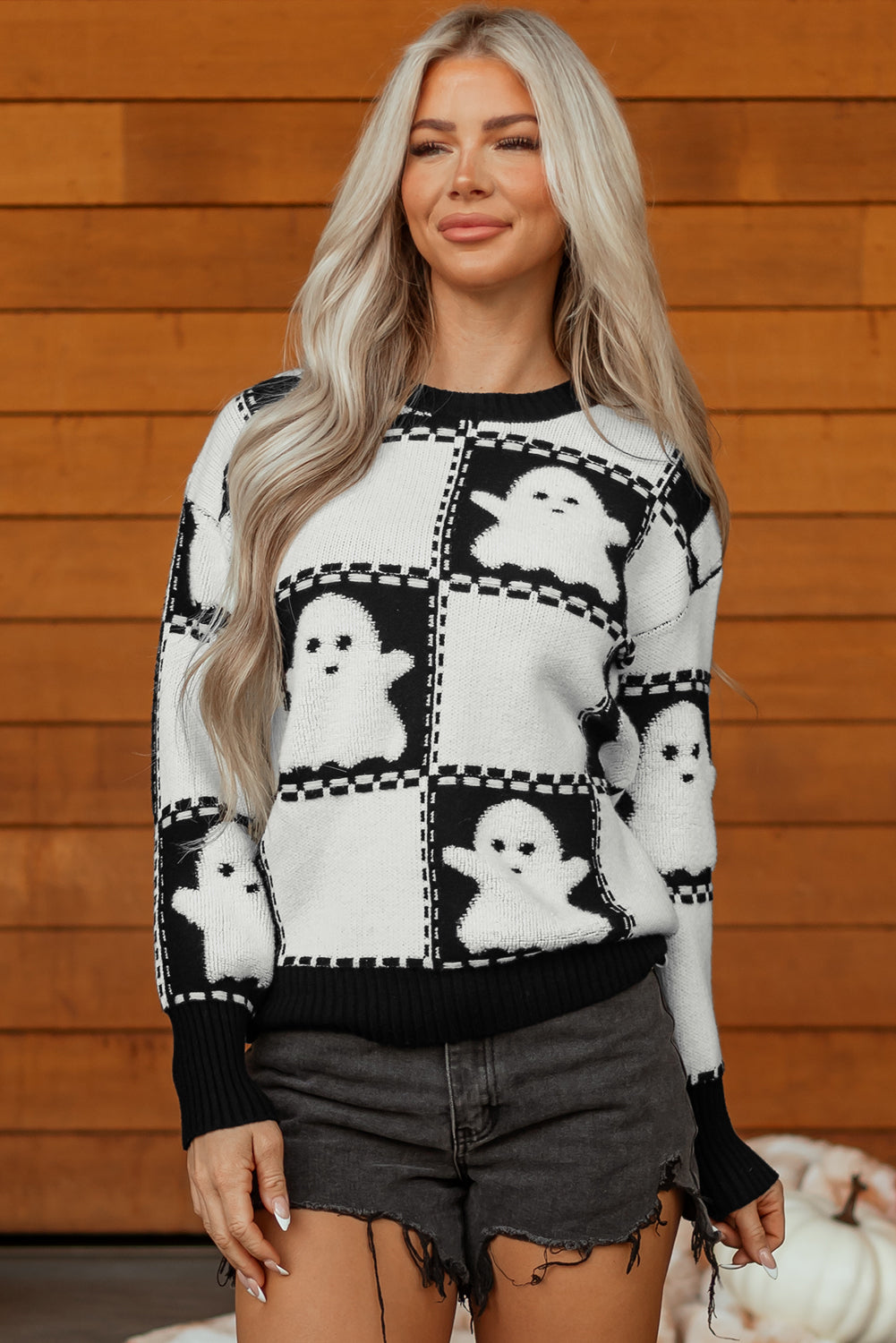 Black Halloween Ghost Checkered Drop Shoulder Sweater