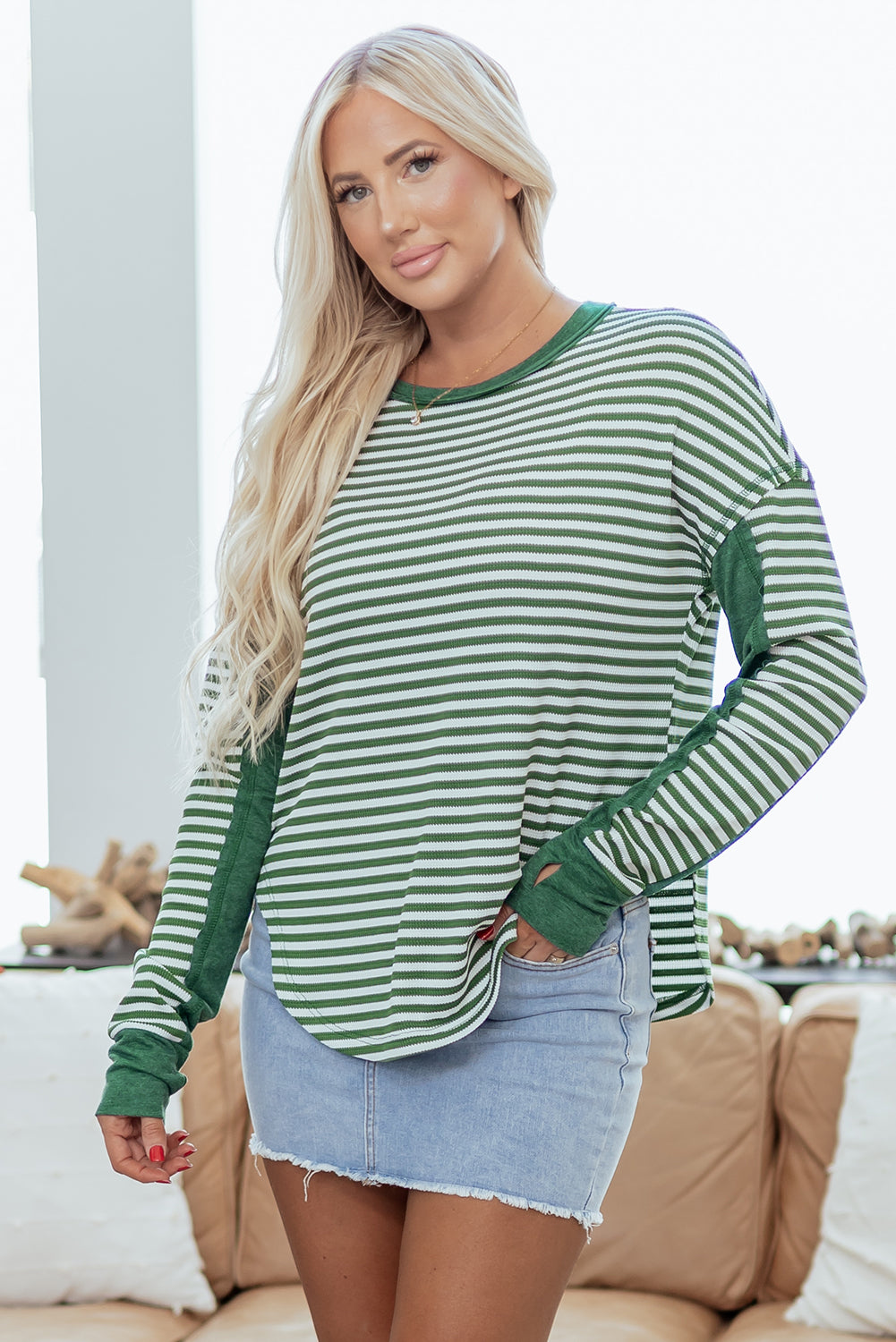Khaki Stripe Thermal Knit Drop Shoulder Casual Top