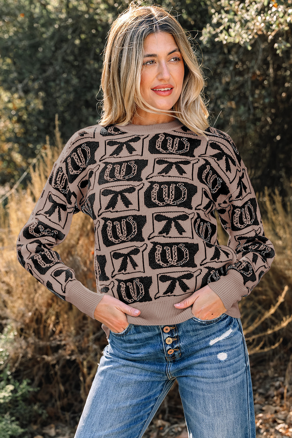 Black Bows & Horseshoes Pattern Western Fashion Print Sweater