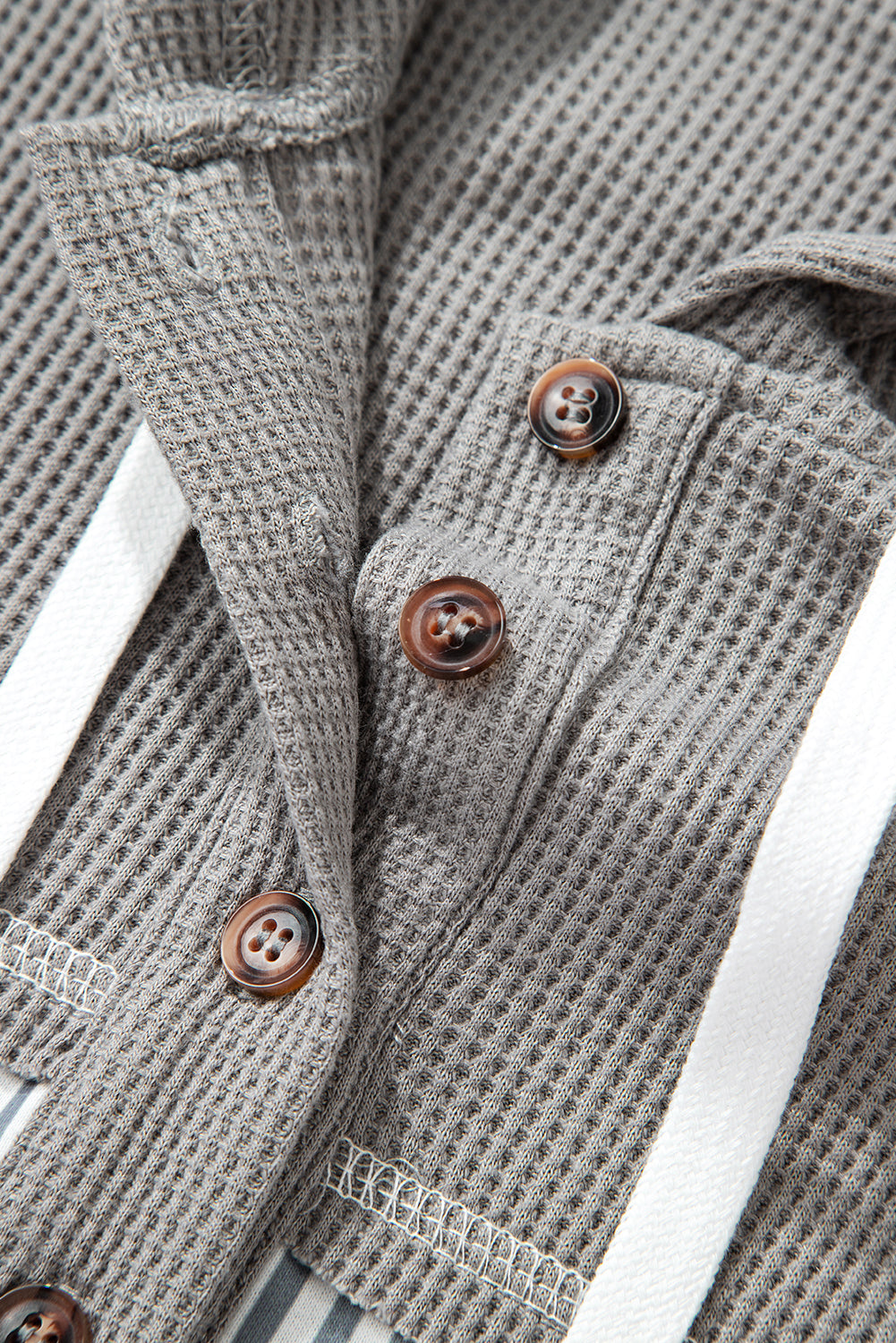 White Waffle Printed Patchwork Drawstring Hooded Long Sleeve Top