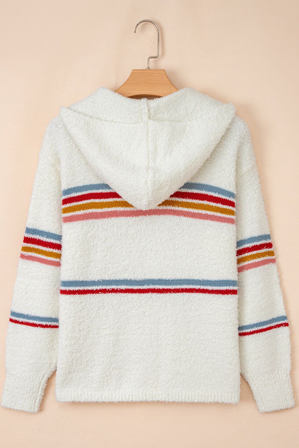 White Multicolored Striped Accent Hooded Popcorn Sweater