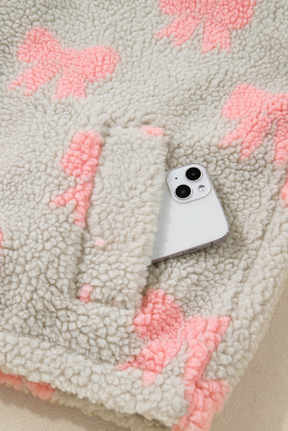 Gray Bow Sherpa Quarter Zip Drop Shoulder Baggy Sweatshirt