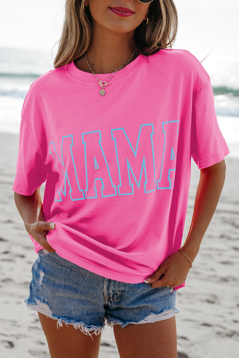 Bright Pink MAMA Letter Graphic Neon T Shirt