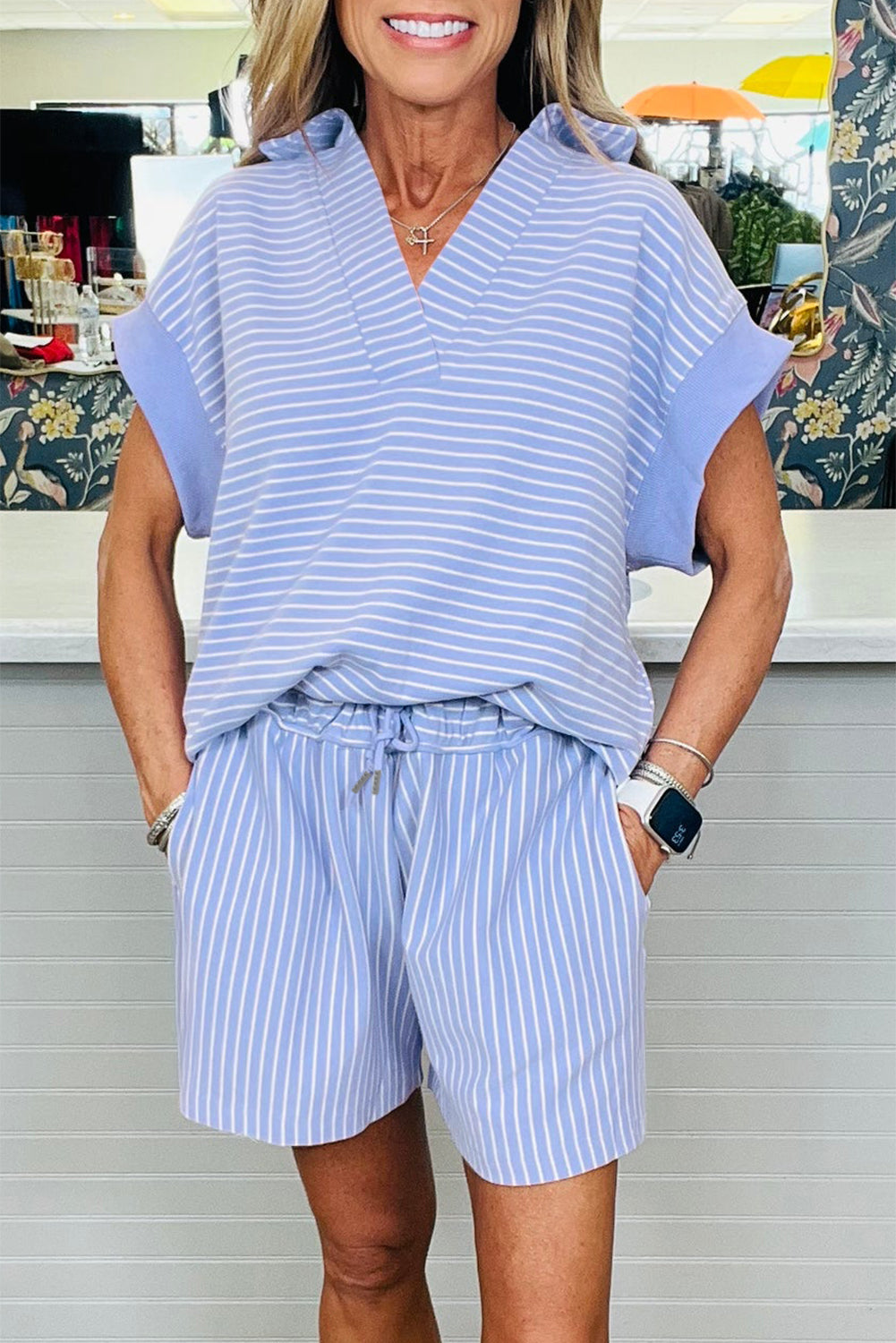 Sky Blue Stripe Dolman Sleeve Polo Shirt and Drawstring Shorts Set